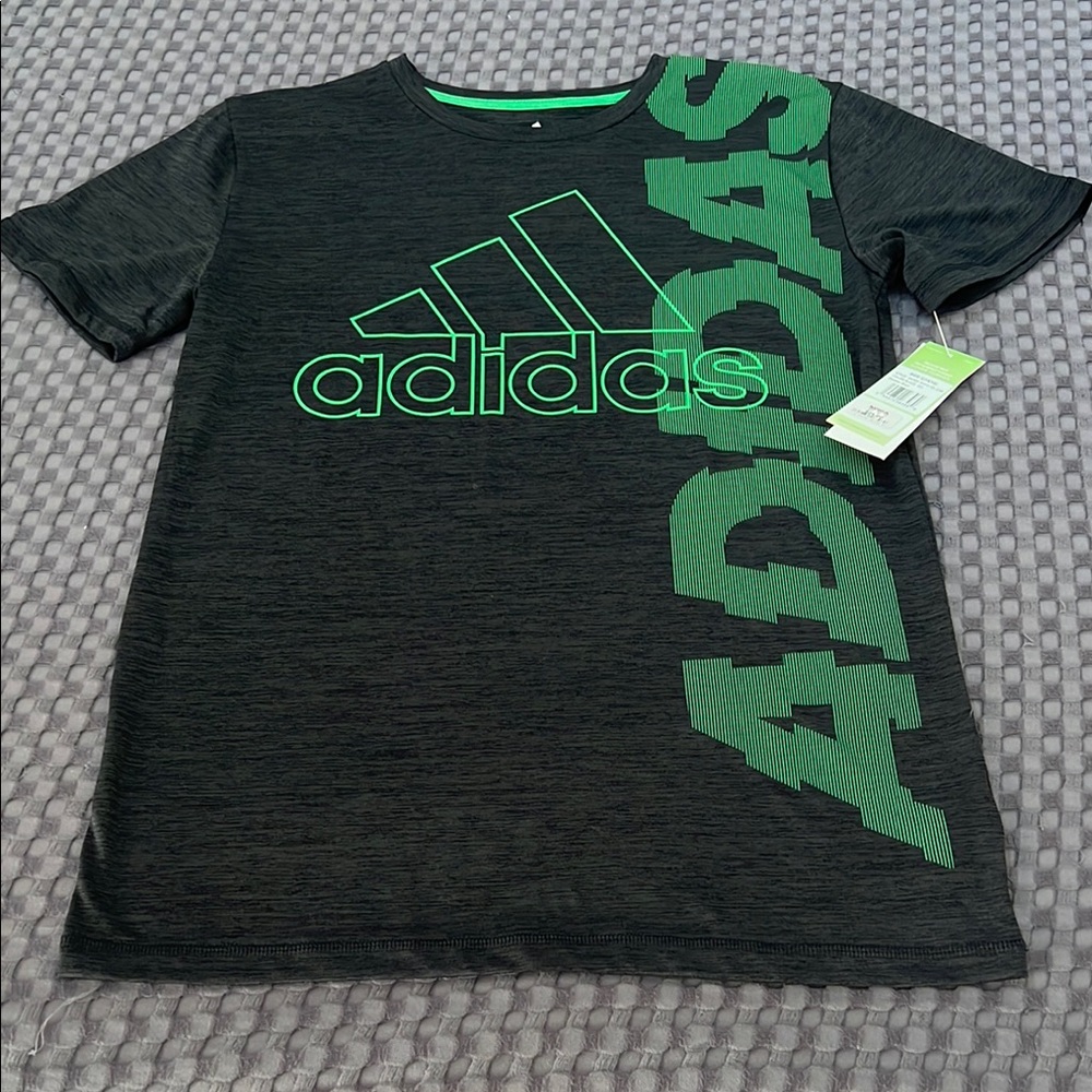 Adidas Charcoal and Neon Green Logo Tee